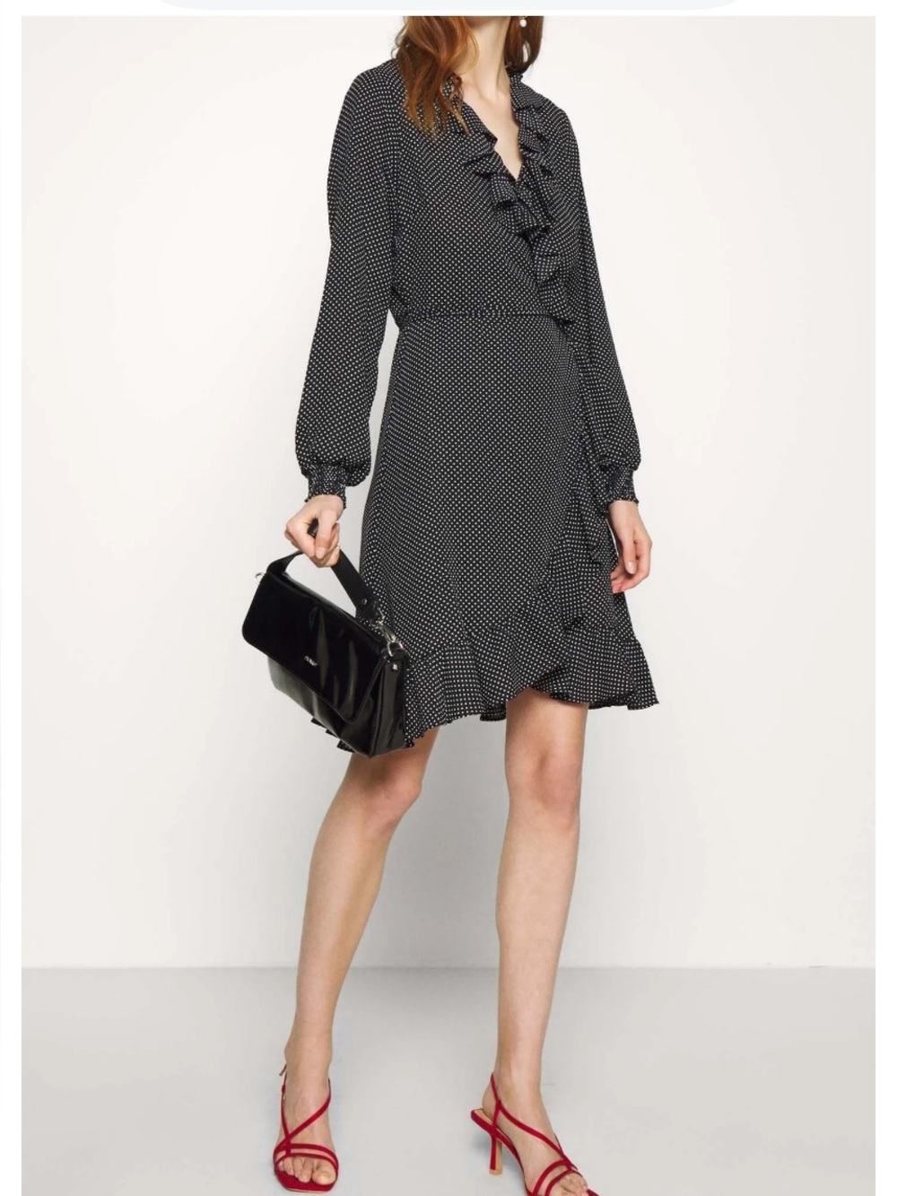 Just Female Hiro Black Polka Dot Ruffle Wrap Dress NWOT SIZE MEDIUM - Picture 2 of 11